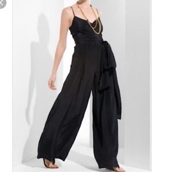 BCBGMaxAzria Black 100% Silk Adjustable Waist Wrap Wide Leg Jumpsuit Women 4 - Picture 12 of 12